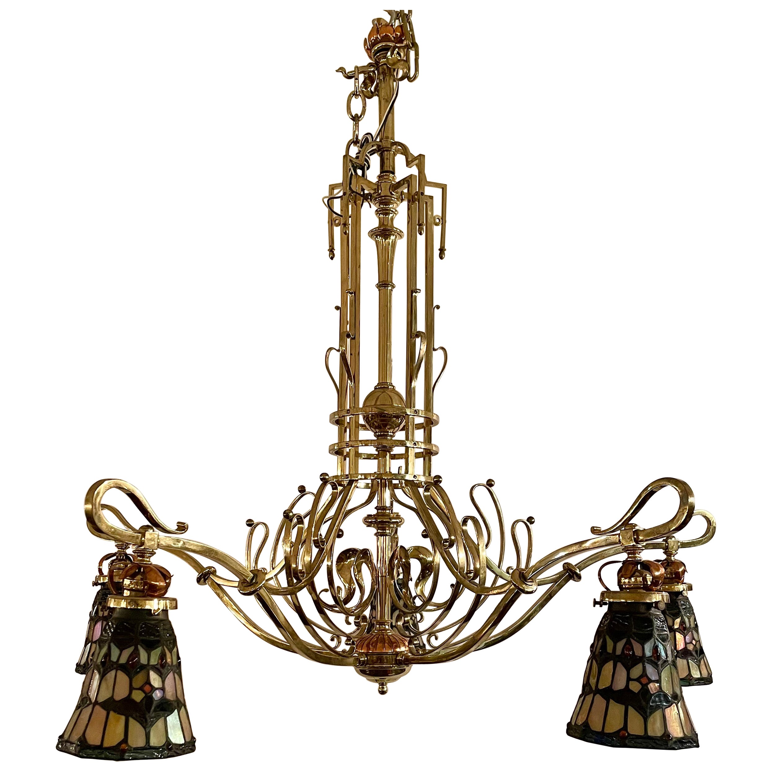 Estate English Art Nouveau Stained Glass, Copper & Brass Billiards Light Ca 1950
