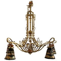 Tenuta inglese Art Nouveau Stained Glass, rame e ottone Billiards Light 1950 ca.