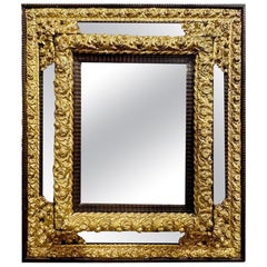 19th Century Dutch Brass Repousse and Ebony Cushion Mirror