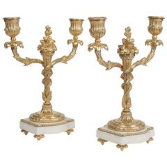 French Pair of Louis XVI Style Gilt Bronze and Marble Candlesticks