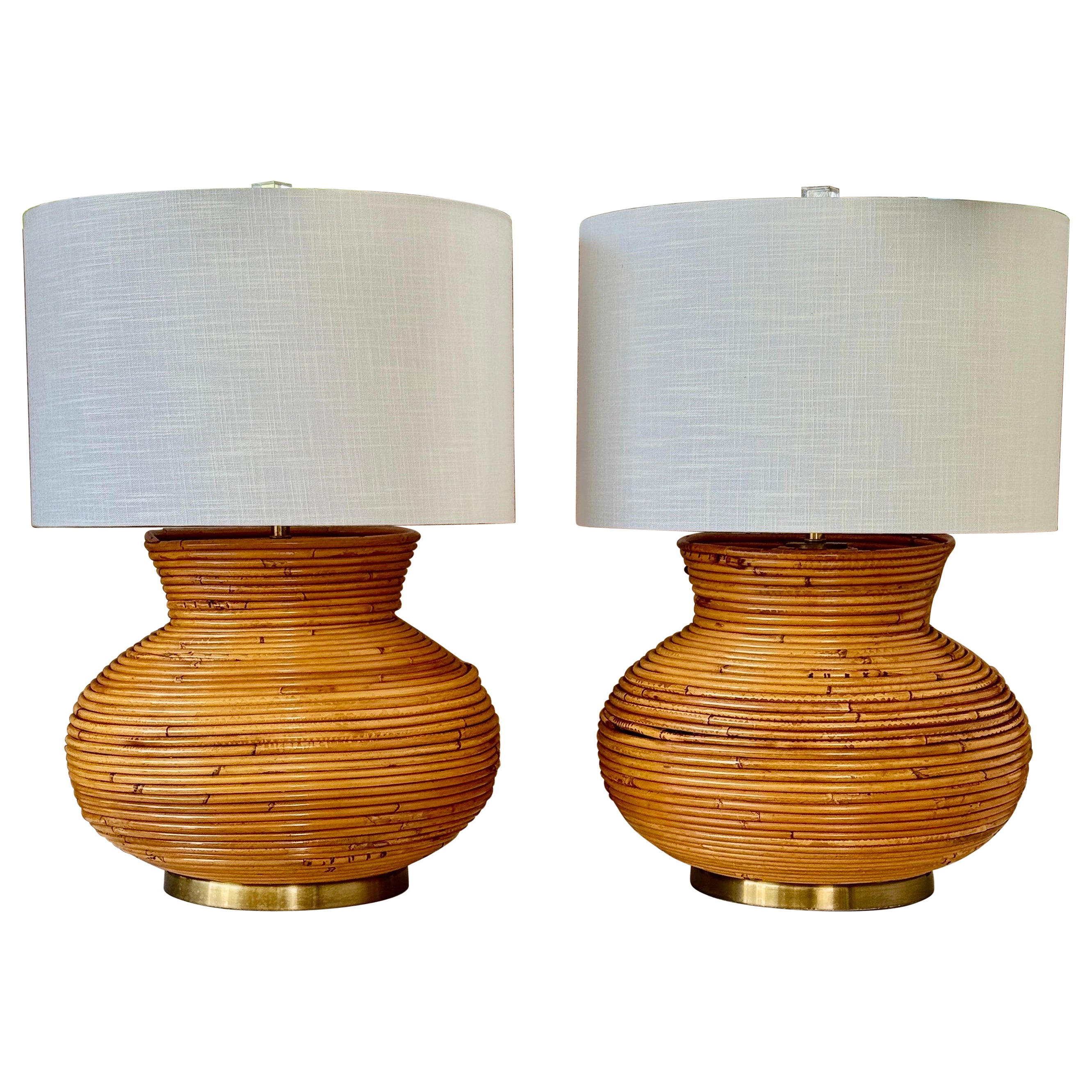 Lampe de table moderne en rotin avec bobine de gourde, milieu du 20e siècle, finition organique, avec br en vente