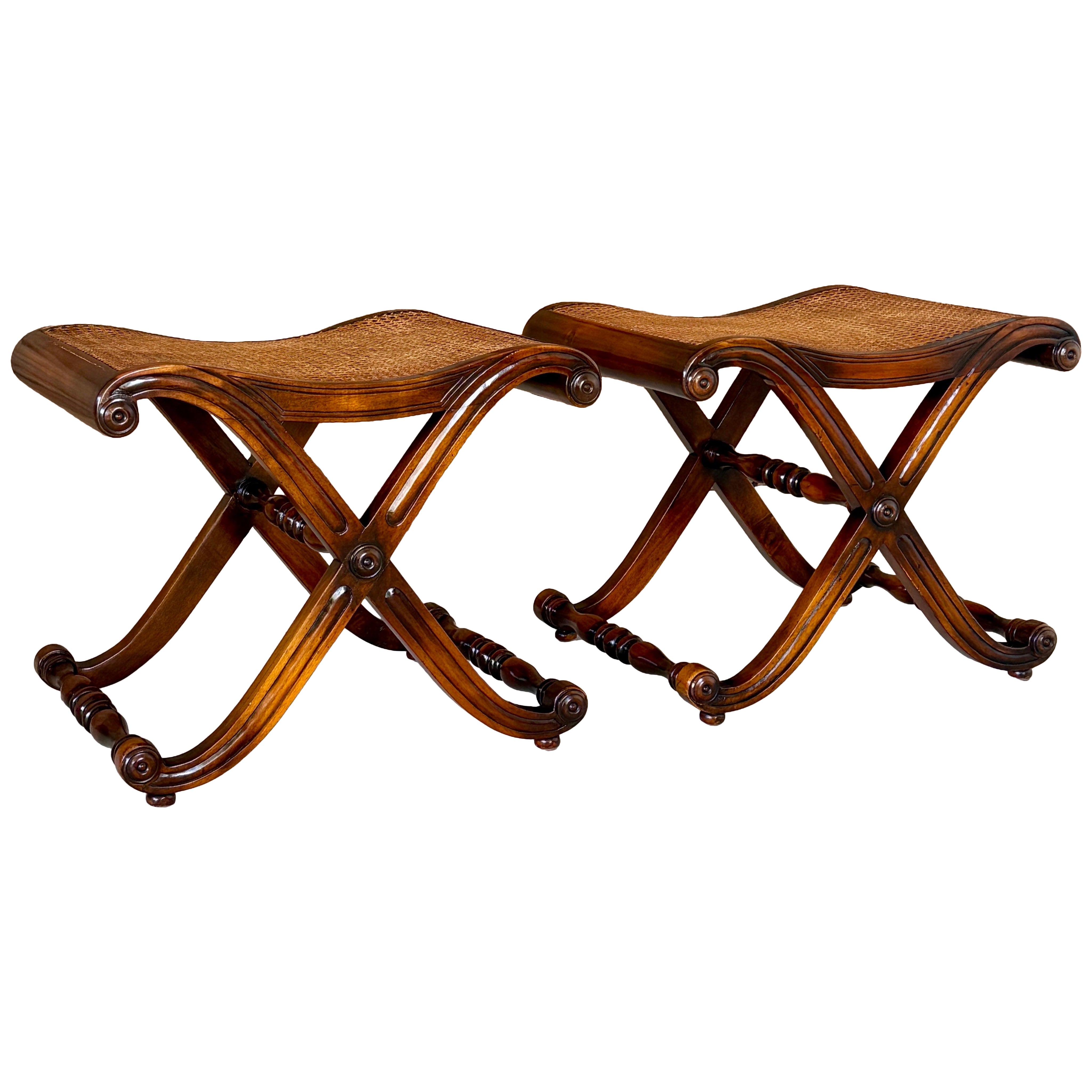 Regency Campaign-Style X-Base Cane Stools in the Manner of Gillows of Lancaster-