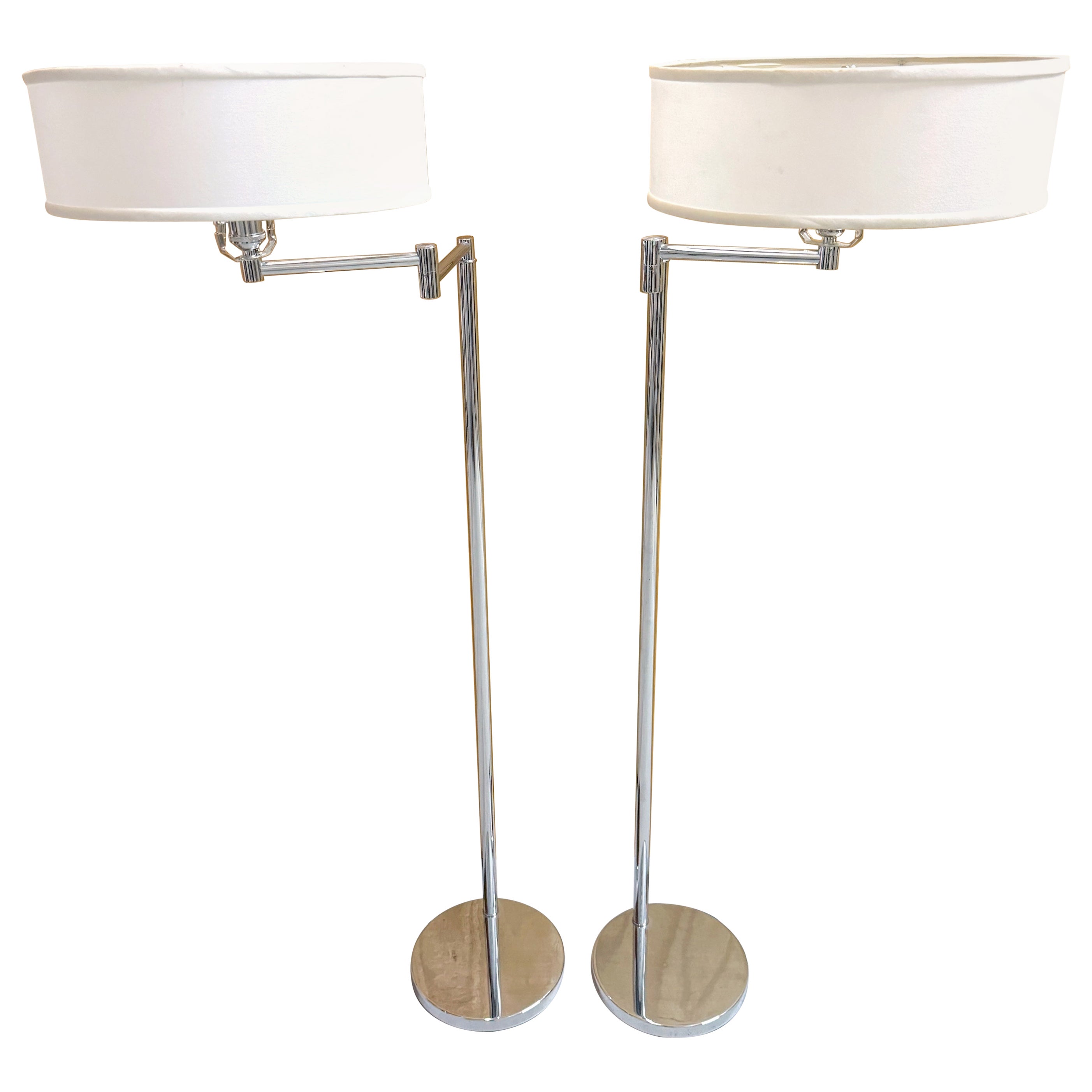 Pair 1970s Walter Von Nessen Style Chrome Swing Arm Floor Lamps with Shades