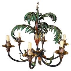 Mid-20th Century Italian Regency Tole Palm Chandelier – Six-Light Fixture With V