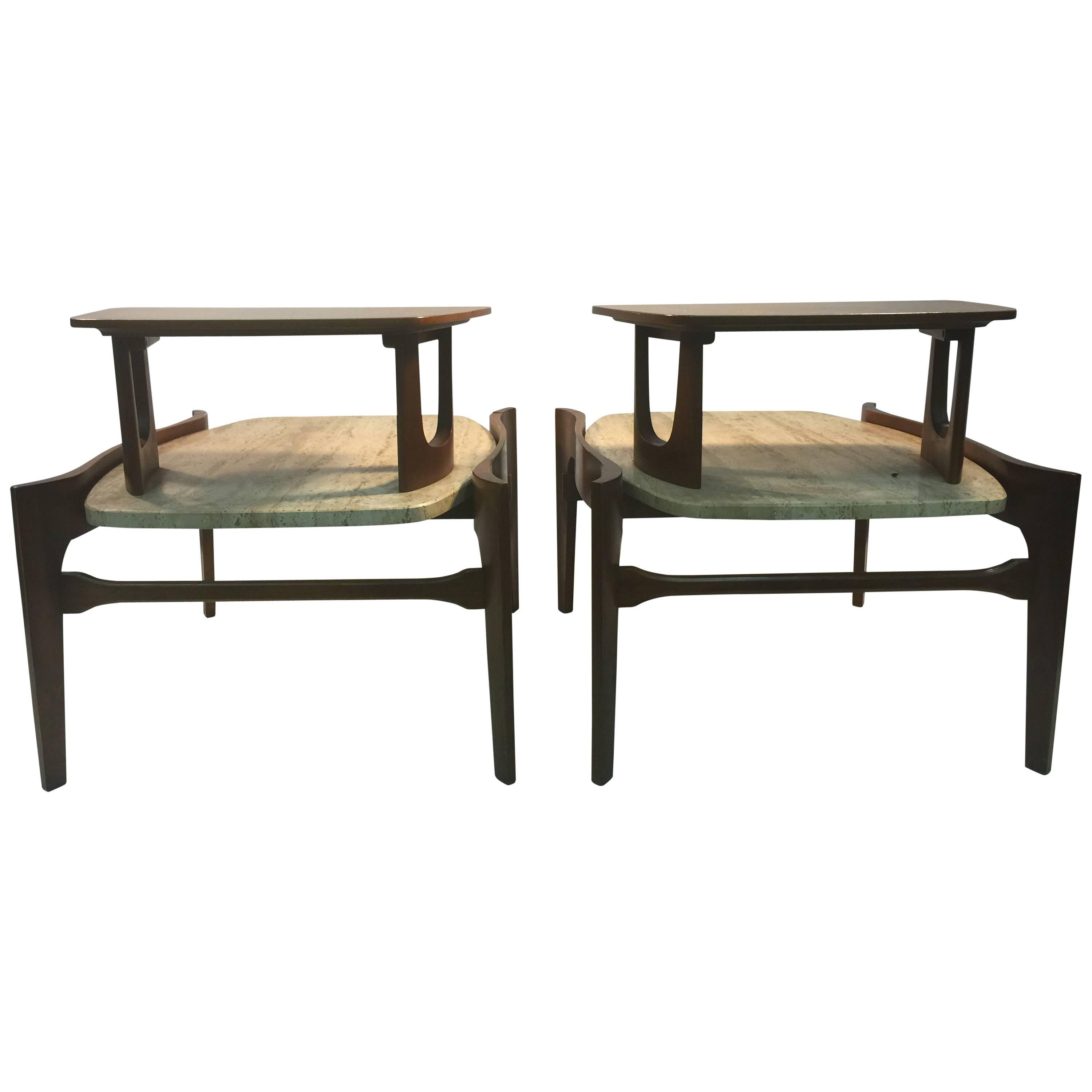 Exceptional Pair of Italian Wood and Travertine Two-Tier Side Tables For Sale