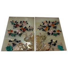 Pair Of Antique Chinese Finely Carved Jade Scholar Screens With Fine Floral Work