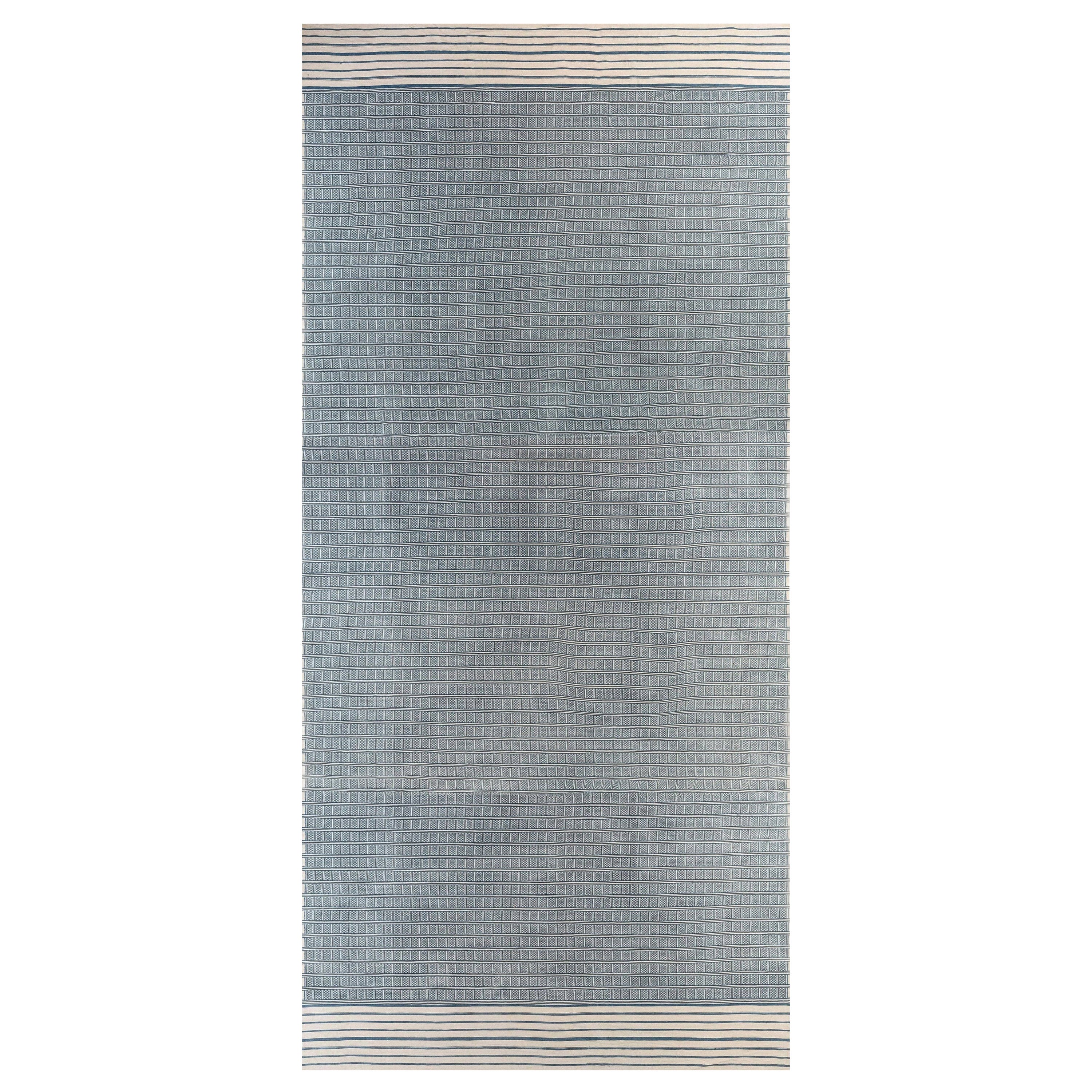 Modern Geometric Oversized Dhurrie Blue and White Rug by Doris Leslie Blau