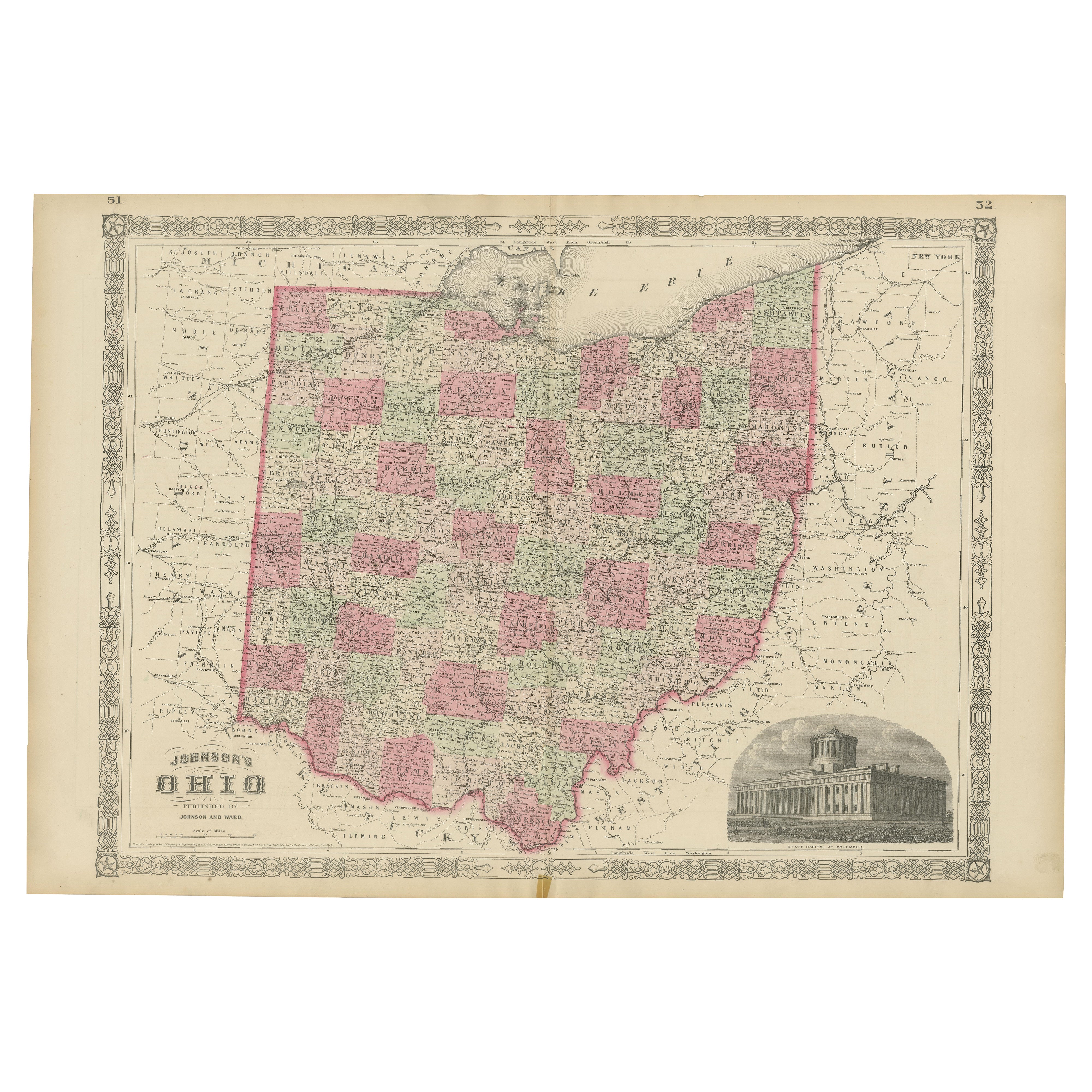 Rare 1864 Ohio Civil War Era Map with State Capitol Illustration