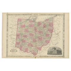 Rare 1864 Ohio Civil War Era Map with State Capitol Illustration