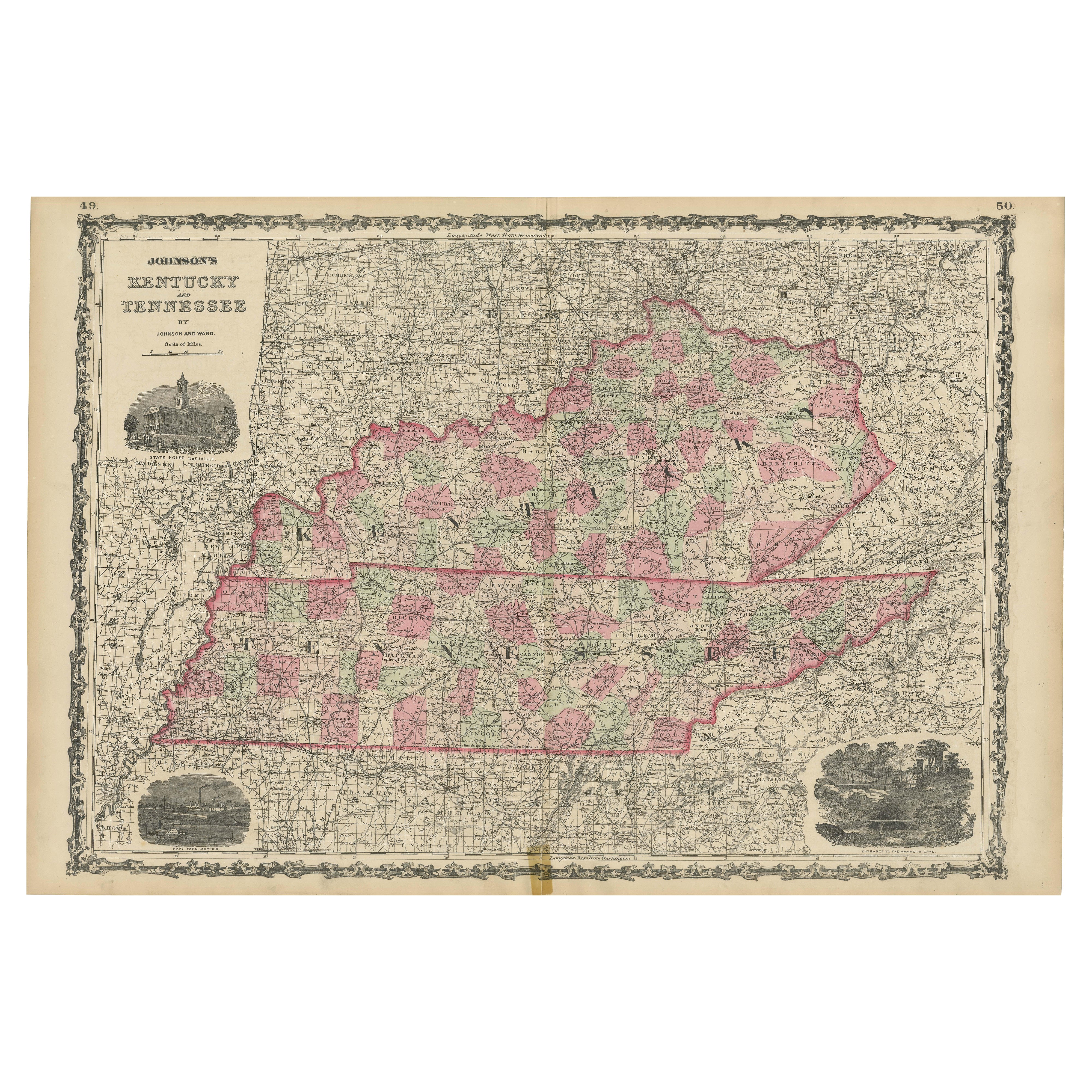 Civil War Era Map of Kentucky and Tennessee with Scenic Insets, Published 1864