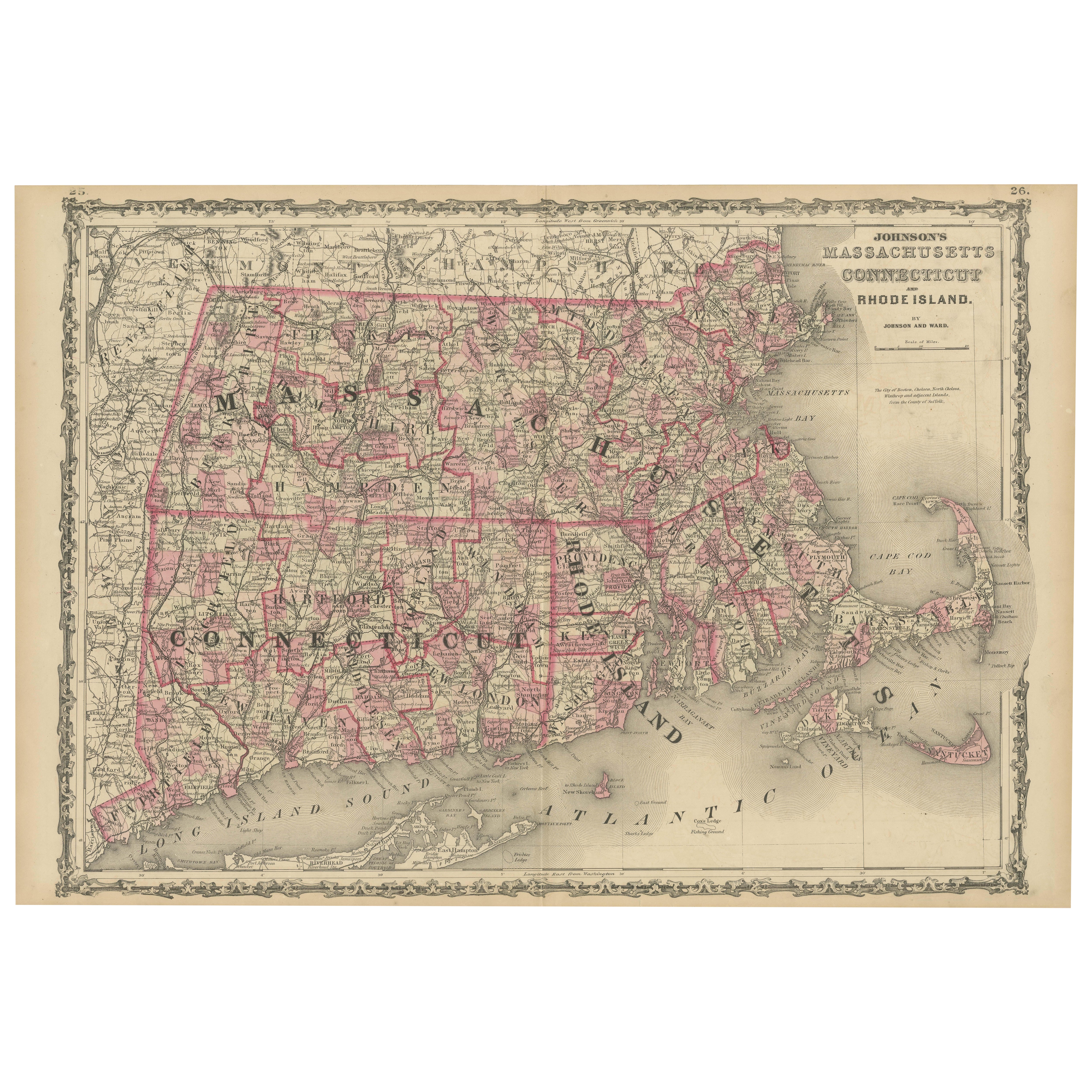 Rare 1864 Civil War Era Map of Massachusetts, Connecticut, and Rhode Island