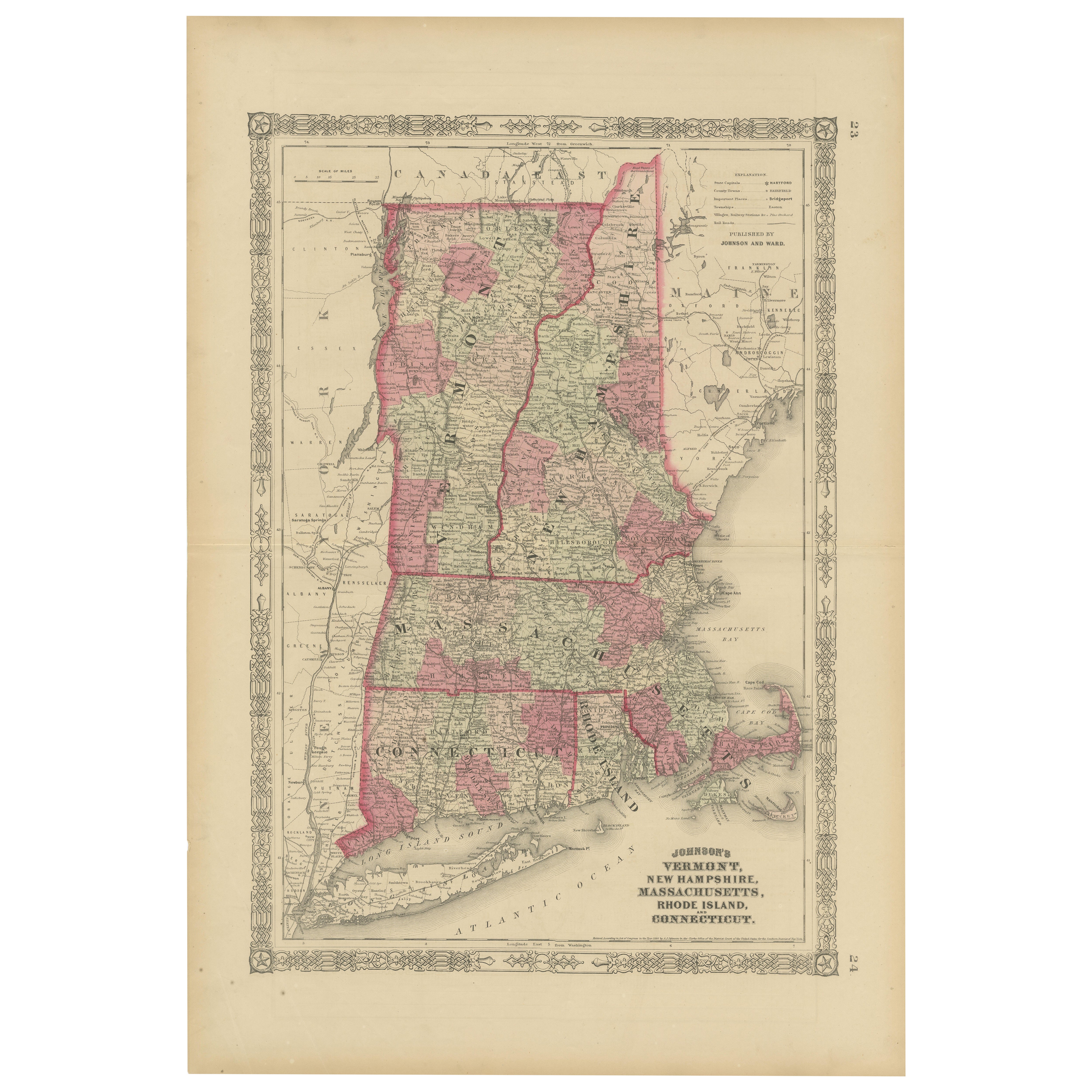 Seltene Karte aus der Zeit des Bürgerkriegs von 1864 aus Vermont, New Hampshire und Südengland