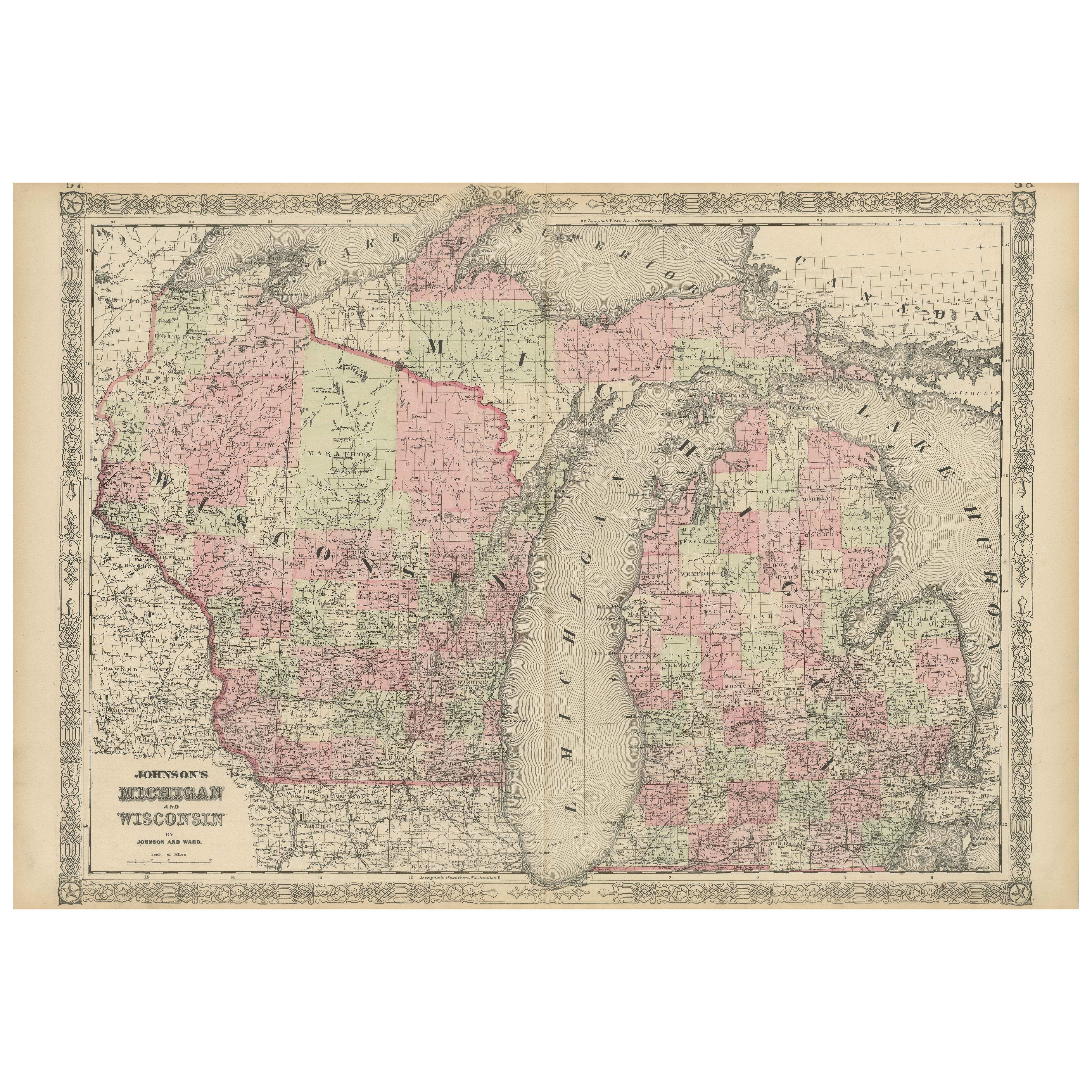 Rare 1864 Civil War Era Map of Michigan and Wisconsin with Great Lakes Detail