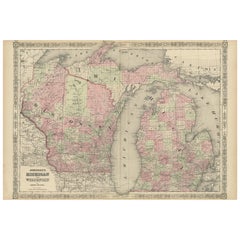 Rare carte de l'époque de la guerre civile du Michigan et du Wisconsin avec détails sur les grands lacs de 1864