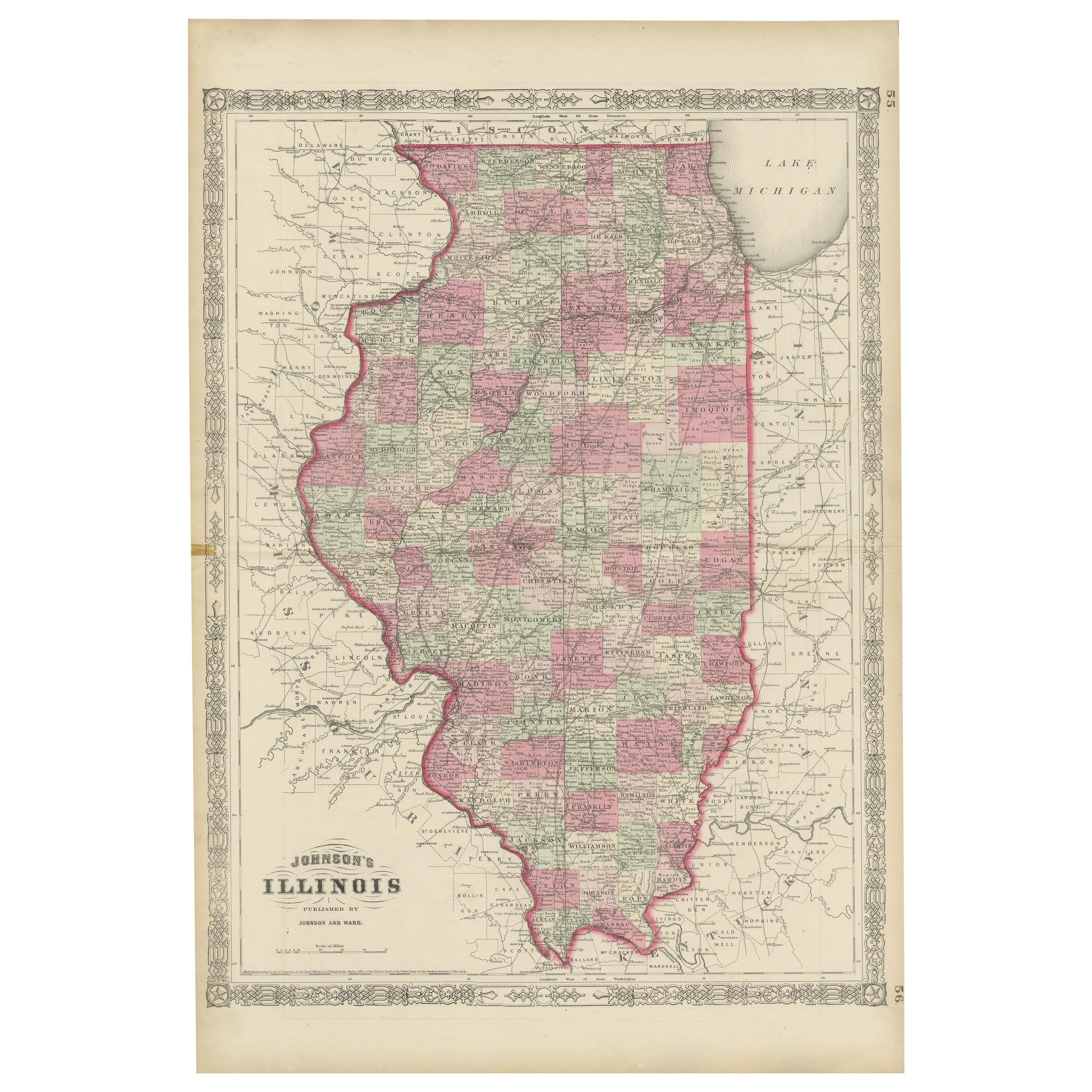 Rare 1864 Civil War Era Map of Illinois with Lake Michigan Detail