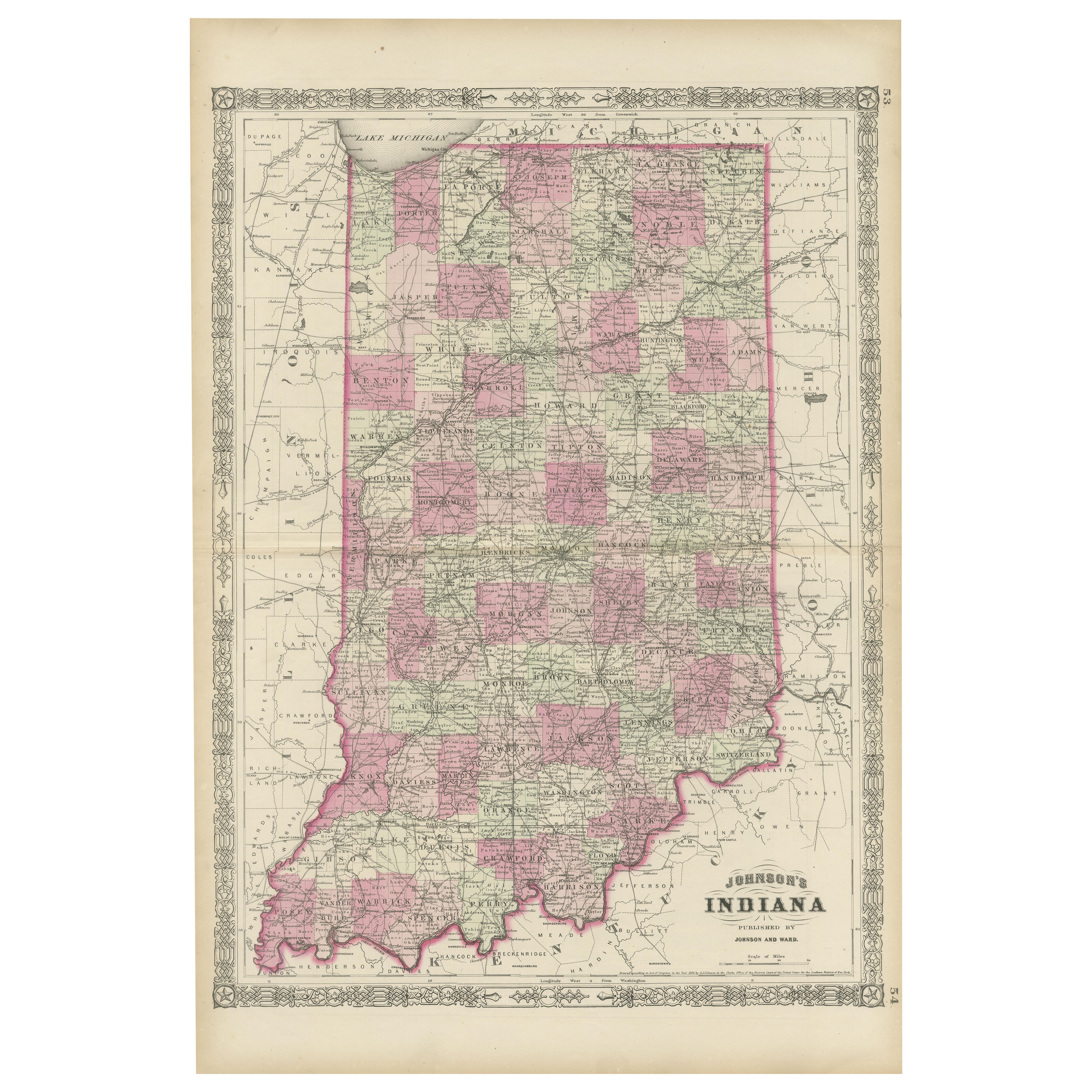 Decorative 1864 Civil War Era Map of Indiana with Lake Michigan Detail
