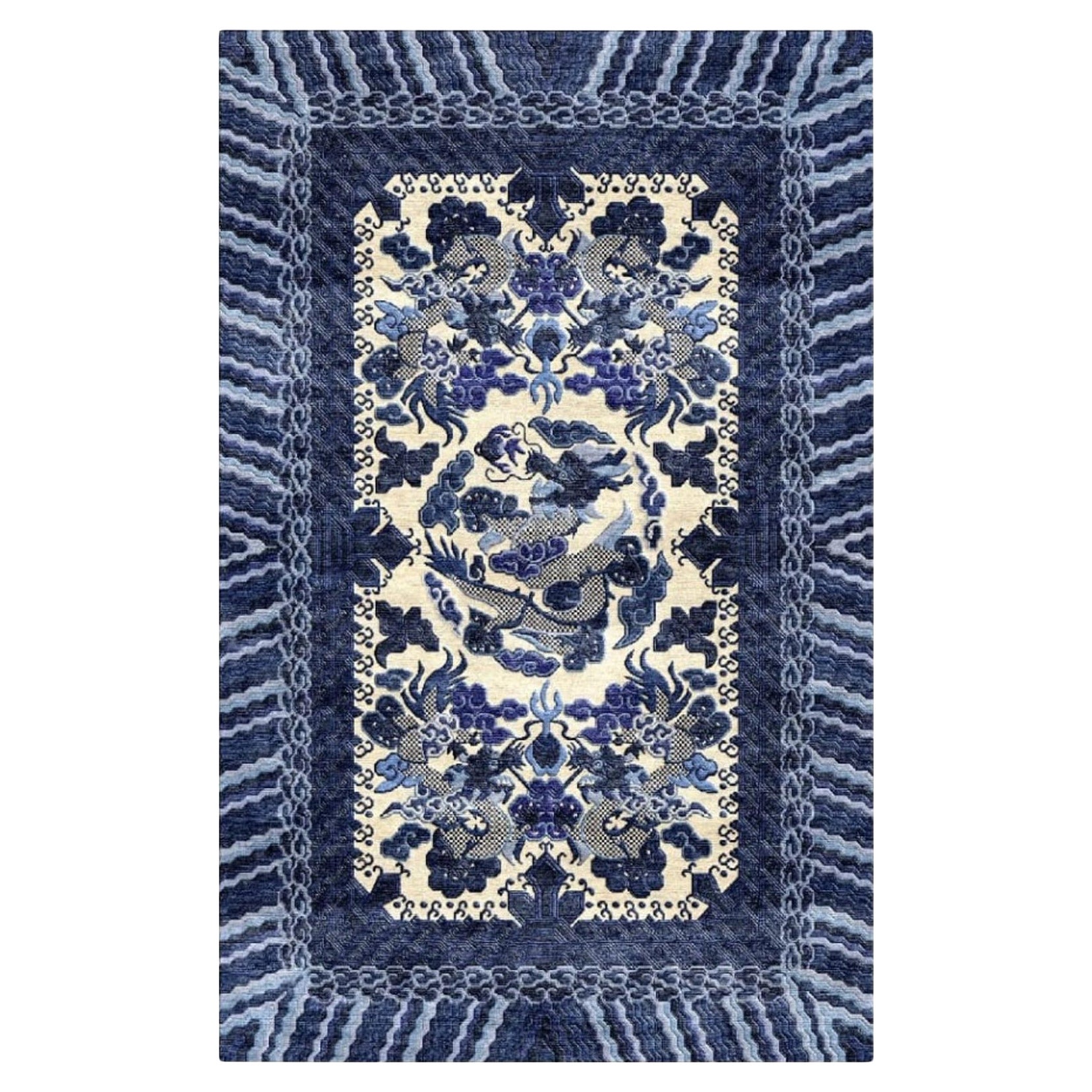 Drachenteppich Wolle Seide Stil Chinesisch Imperial Teppich Blau Beige, Djoharian Design