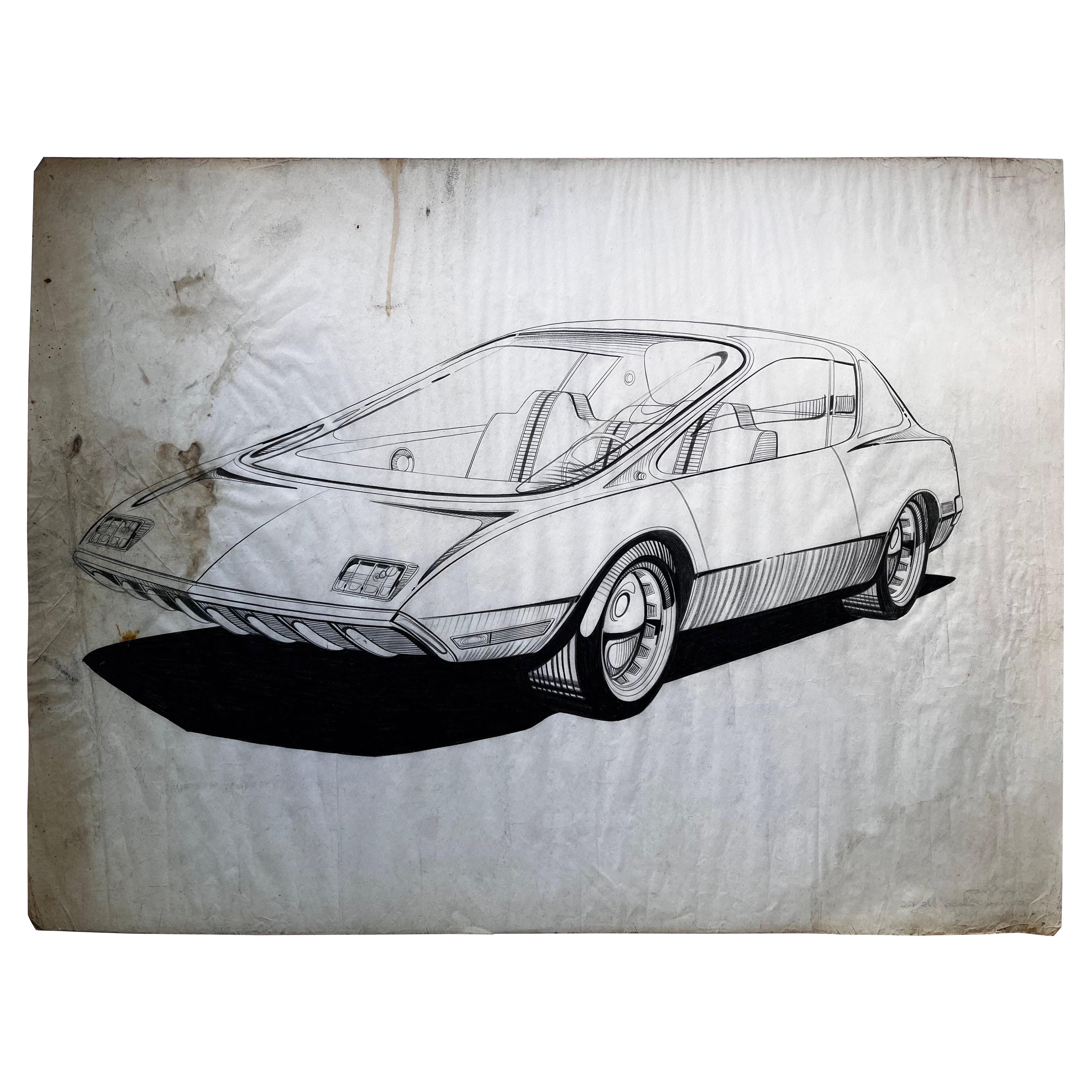 Vintage Futuristic Concept Car Zeichnung von Künstler Dennis Mog, ca. 1970 im Angebot
