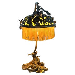 Bronze Victorian Aesthetic Movement Lizard & Acorn Motif Lamp Signed A.R.