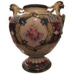 Antique Urn/ Vase Hand Painted  in Teal 'Blue', Pink, Sage 'Green' and Gold