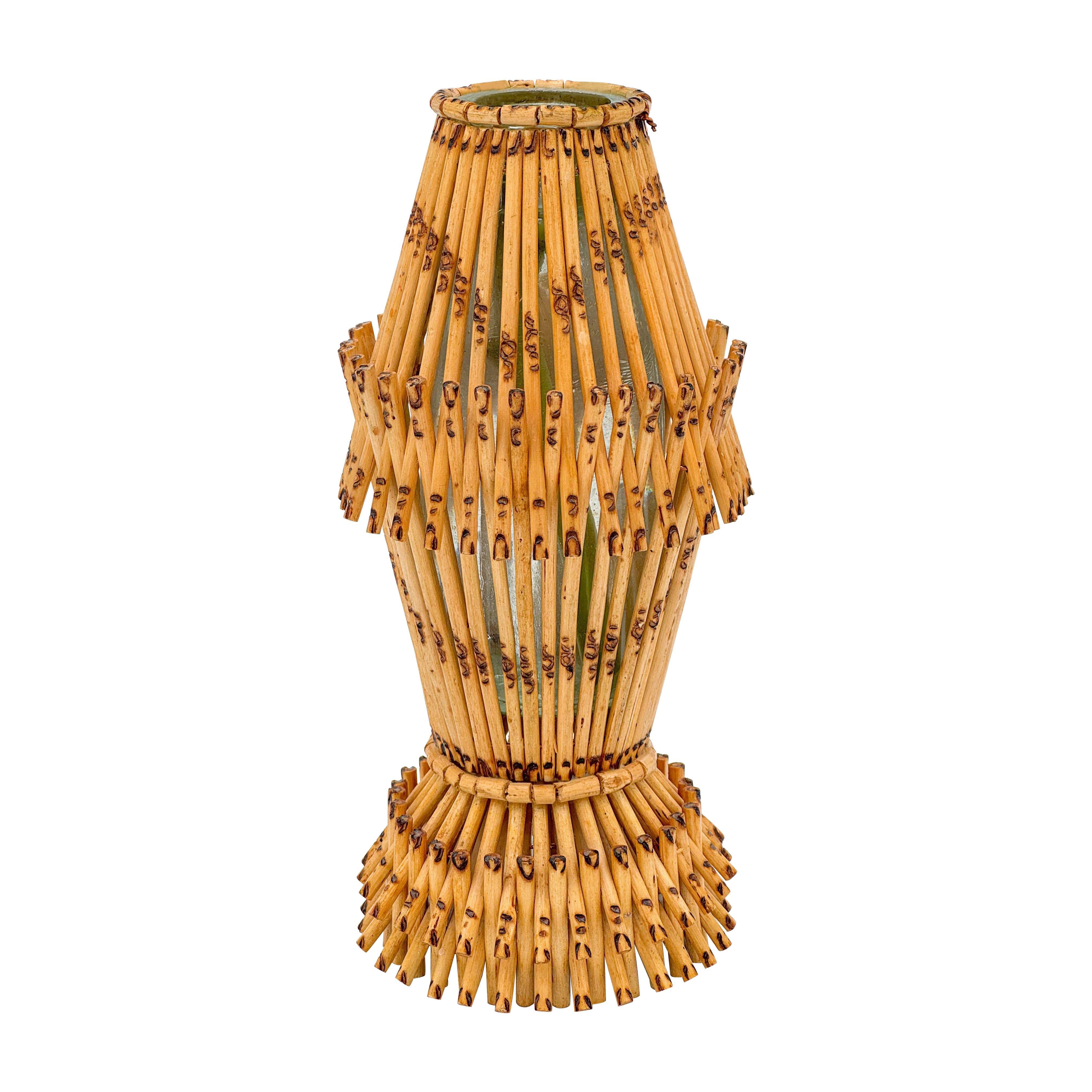 Jarrón Tropical de Cristal Envuelto en Bambú Reed Mid Century