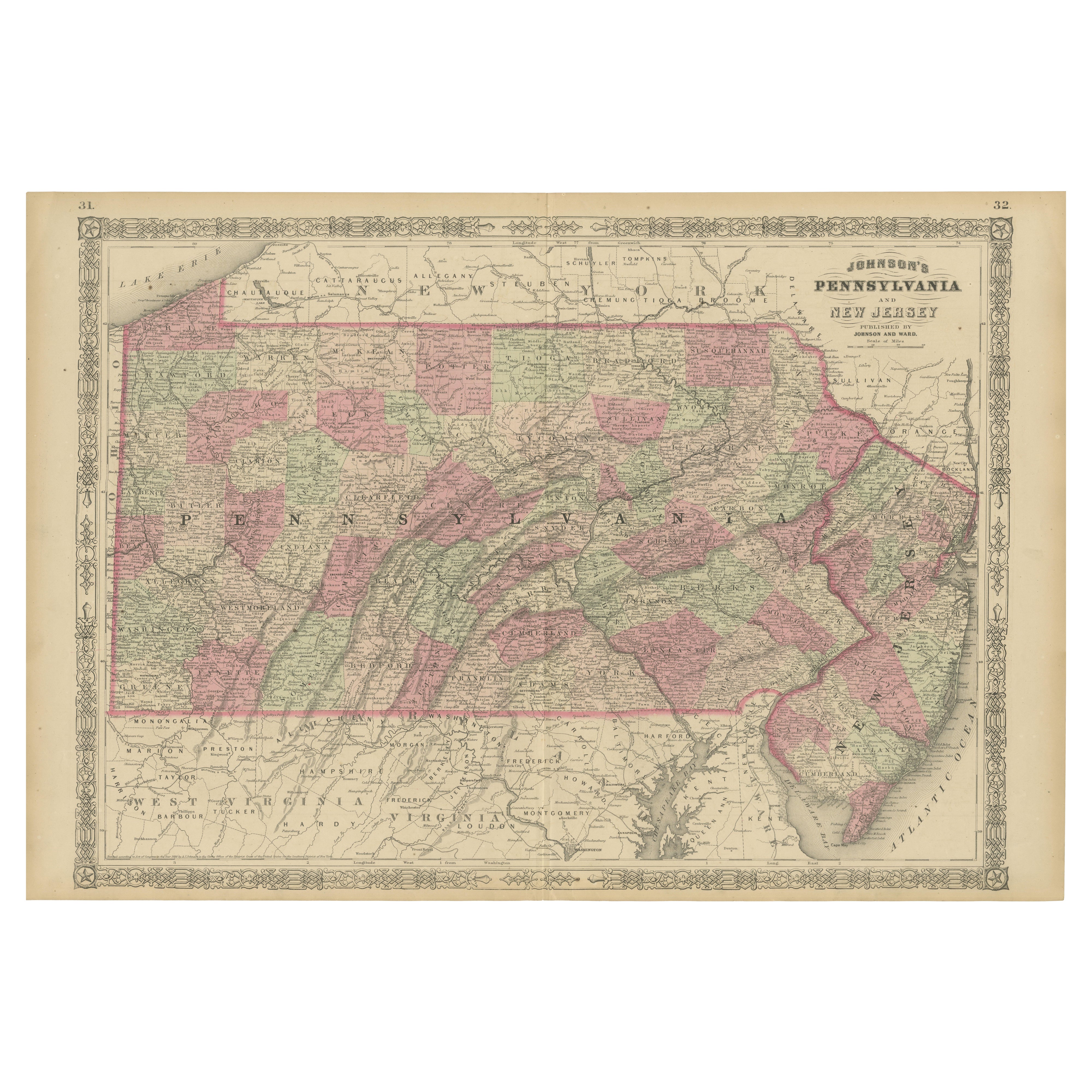 Carte historique de la guerre civile de 1864 de la Pennsylvanie et du New Jersey avec accent sur la côte