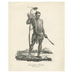 Le guerrier d'Owhyhee (Hawaii) - Anthropophage en costume de guerre, gravure de 1785