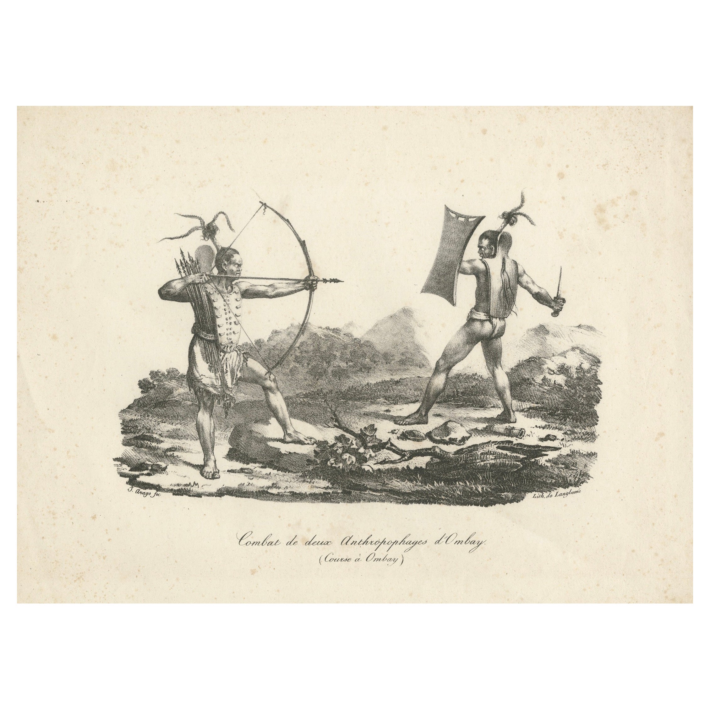 La bataille d'Owhyhee (Hawaii) - combat de deux anthropophages, gravure de 1785