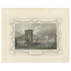 1828 Aquatint Vista of Hammersmith Bridge Over the Thames