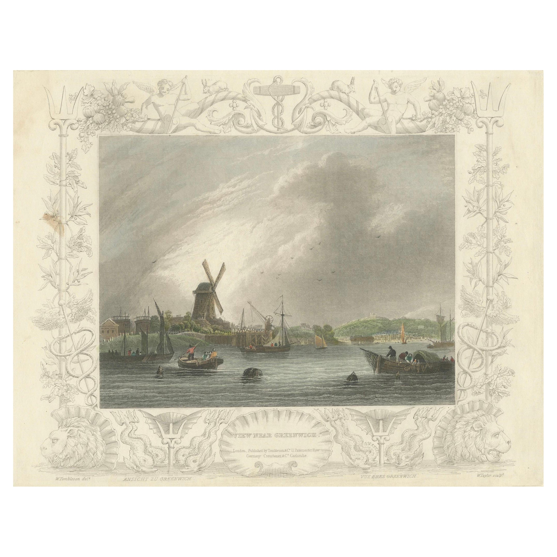 Panorama di Greenwich all'acquatinta del 1828 con l'iconico mulino a vento