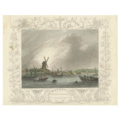 Panorama di Greenwich all'acquatinta del 1828 con l'iconico mulino a vento
