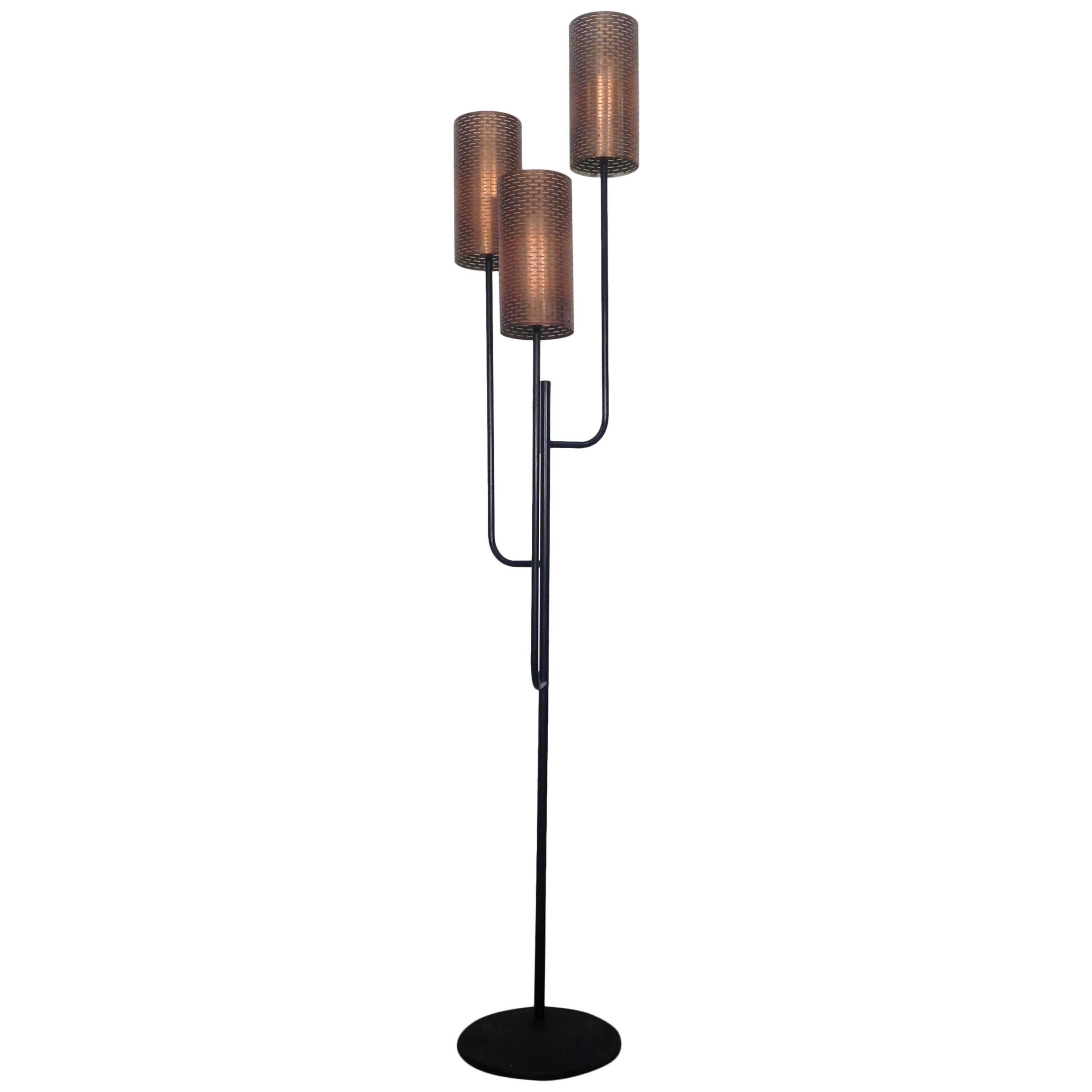 1950s Elegant Lacquered Metal and Copper Floor Lamp by Maison Lunel, France