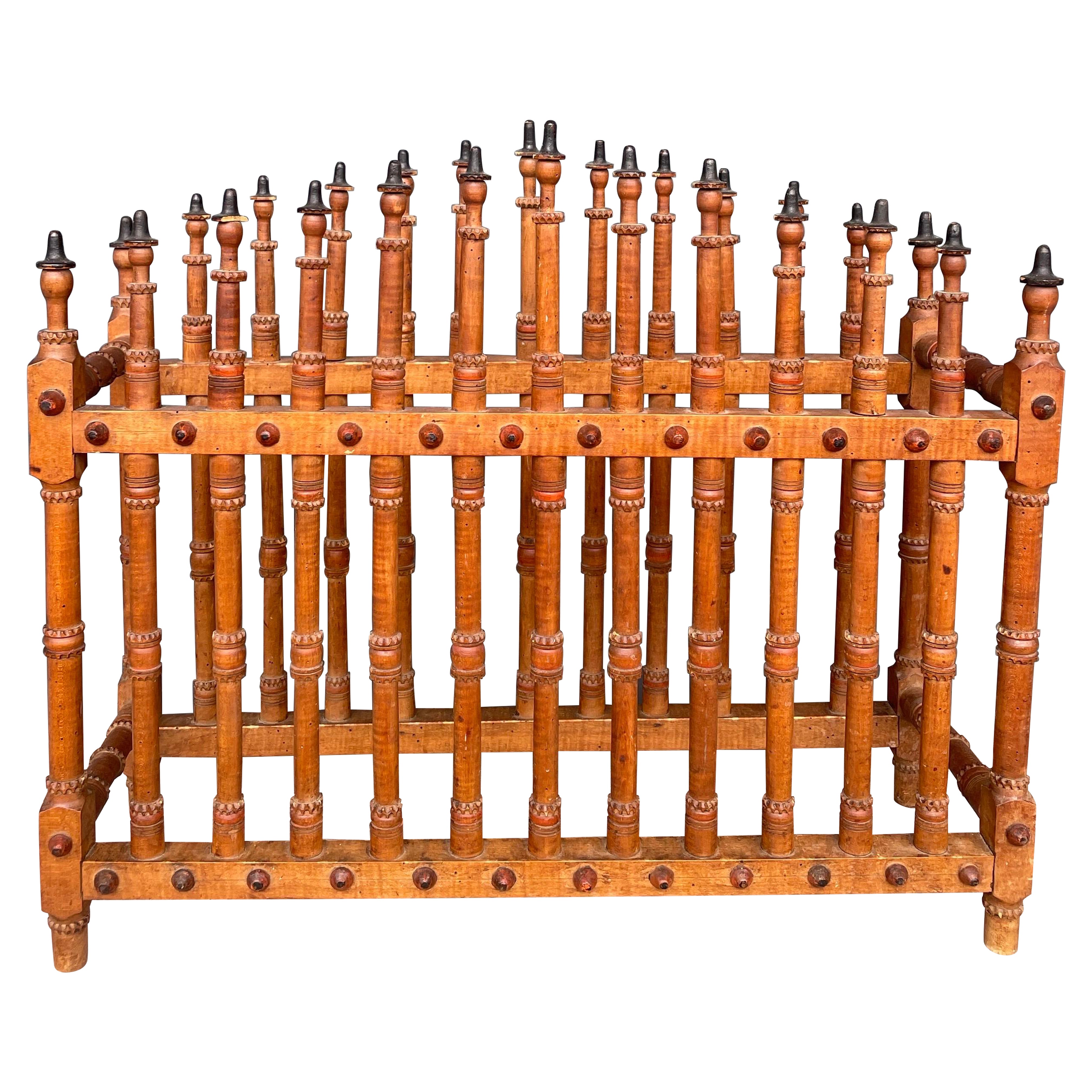 Antique Hand-Turned Olive Wood Plate Rack with Finial Detailing, 19th Century
