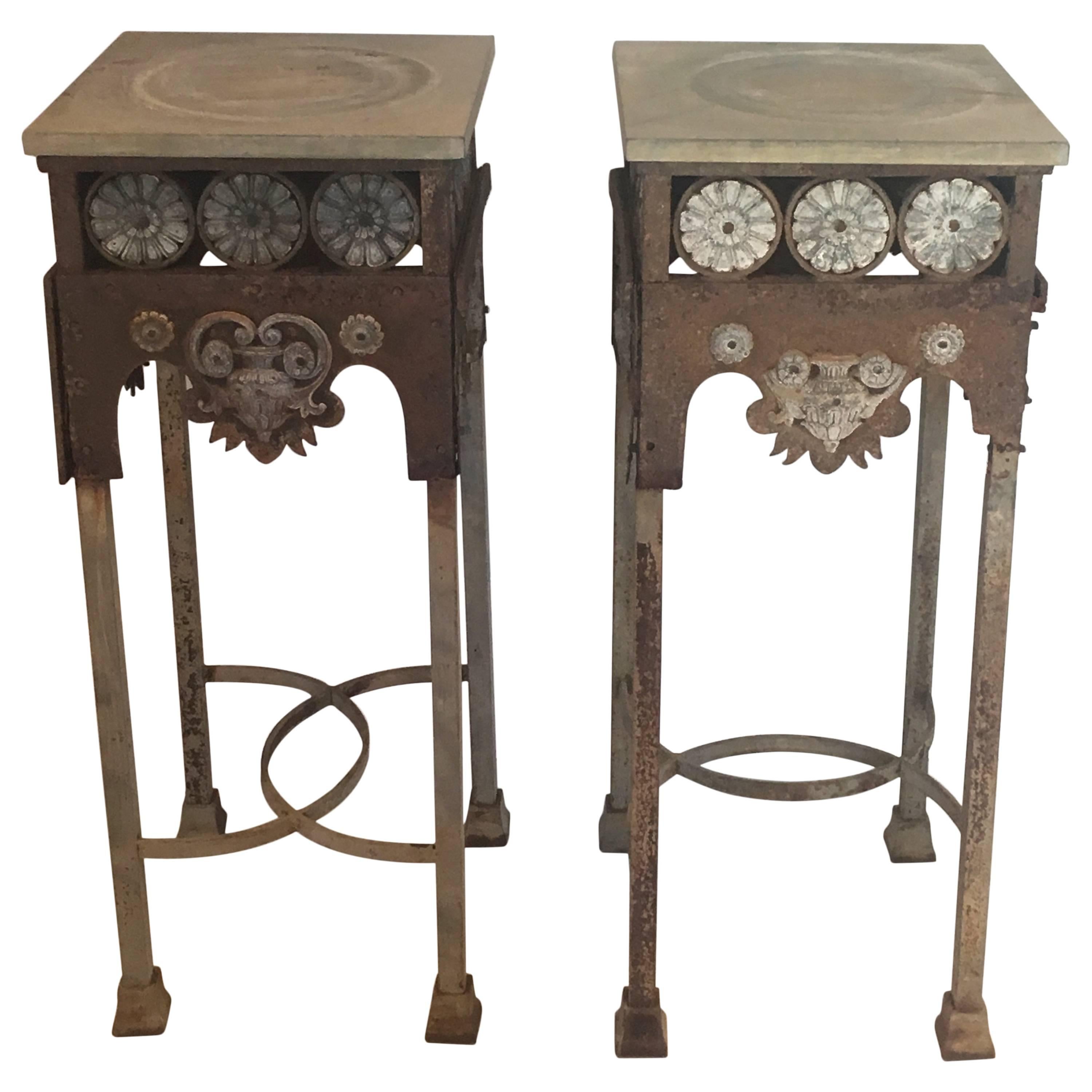 Pair of Tall Gothic Revival Stands in Iron and Zinc