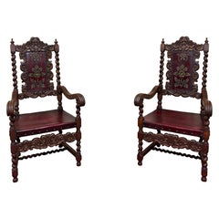 Antique PAIR Arm Chairs Louis XIII Tooled Red Leather Barley Twist Throne c.1900