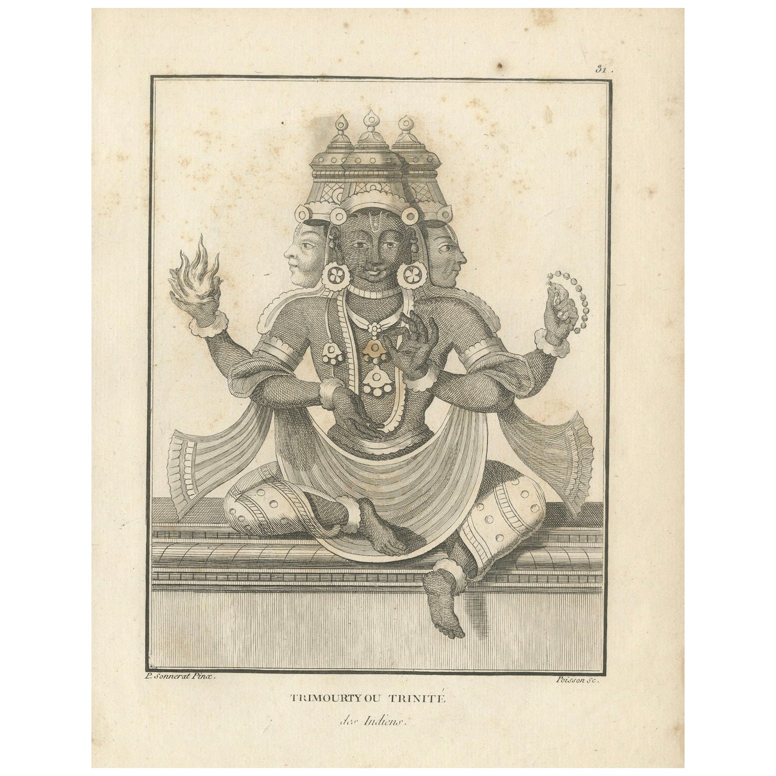 Rare imprimé ancien de la Trinity Trimurti de 1806 - gravure de divinité hindoue, pièce de collection