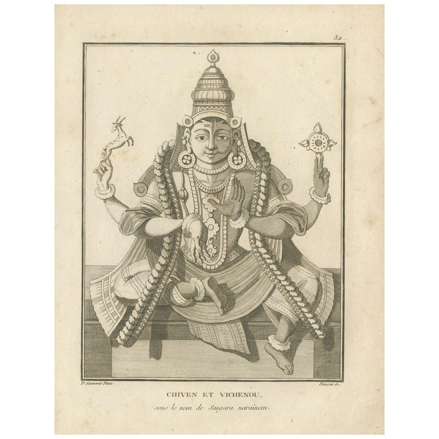 Historischer antiker Druck Shiva und Vishnu Harihara aus dem Jahr 1806 – Hindu-Gottheitsgravur