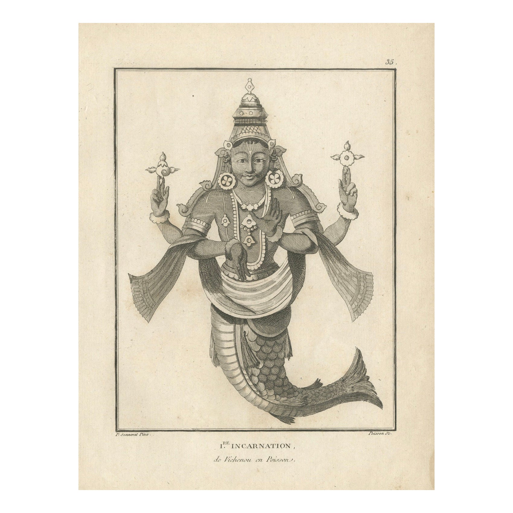 Matsya Vishnu Fish Avatar, gravure ancienne et historique de 1806