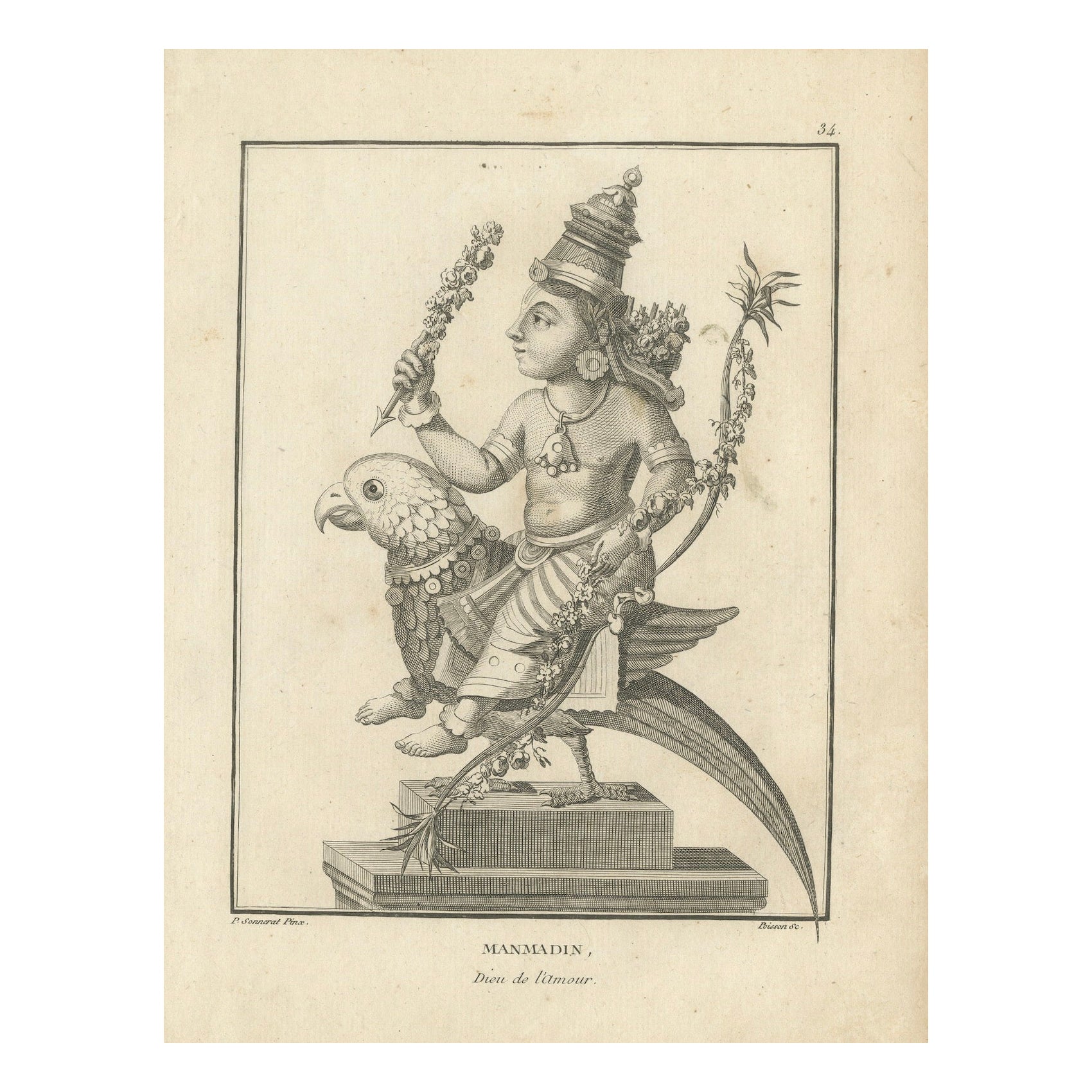 Magnifique imprimé ancien Kamadeva Love God de 1806, gravure hindoue, pièce de collection