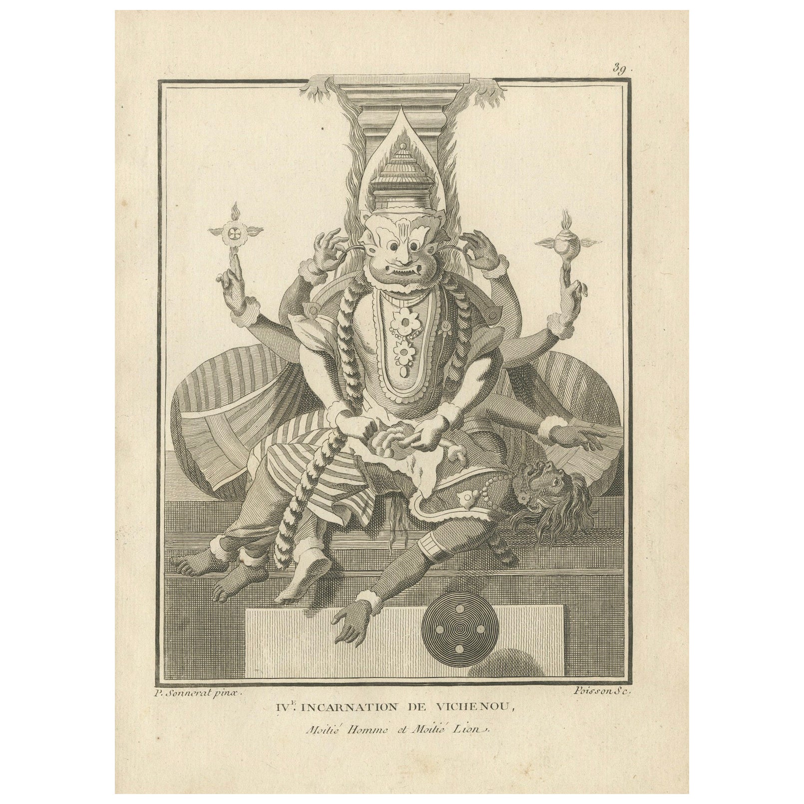 Remarquable imprimé ancien Avatar de Narasimha Vishnu, lion-Man Avatar, 1806