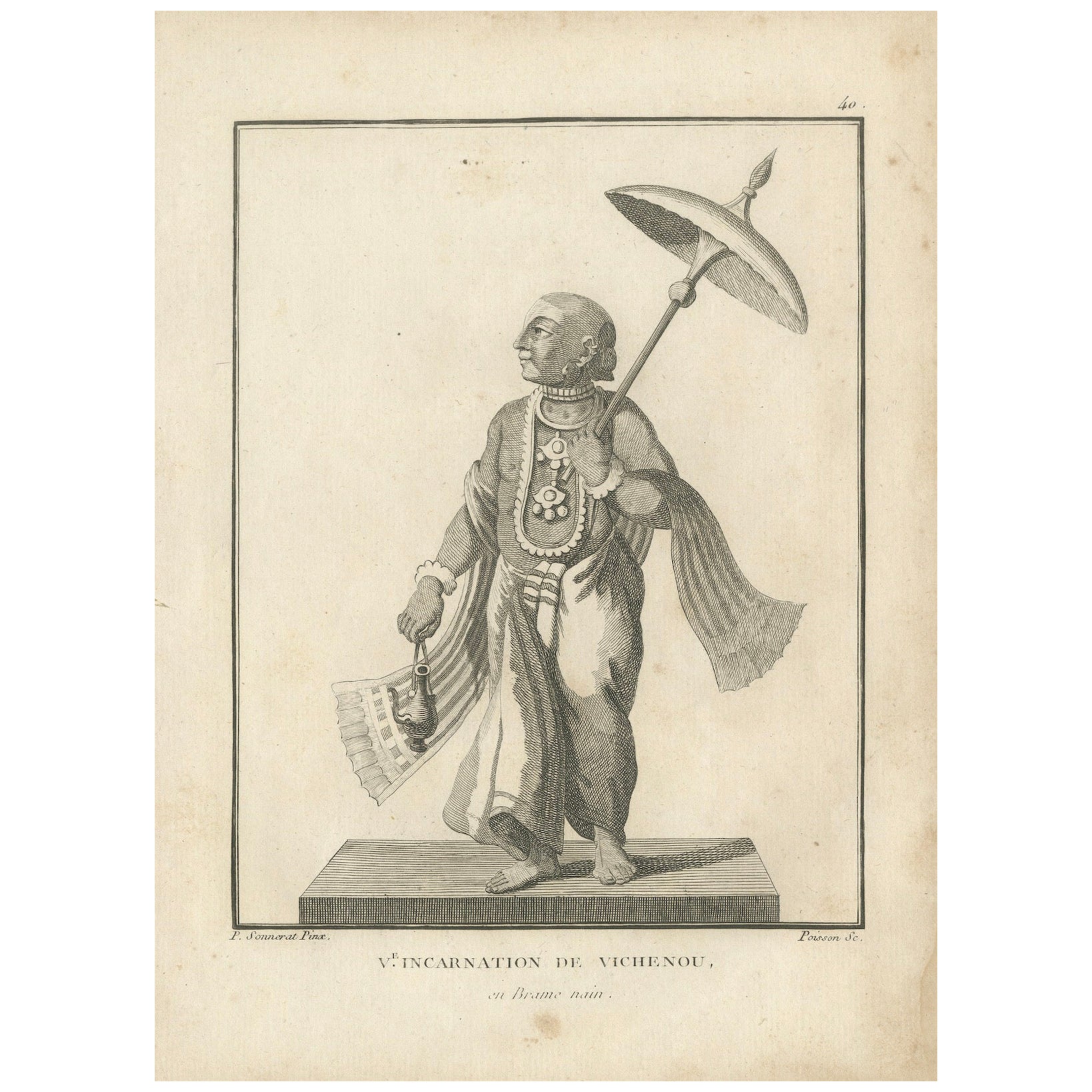 Impression ancienne unique du Avatar Vamana Vishnu d'avant la guerre de 1806 - gravure hindoue