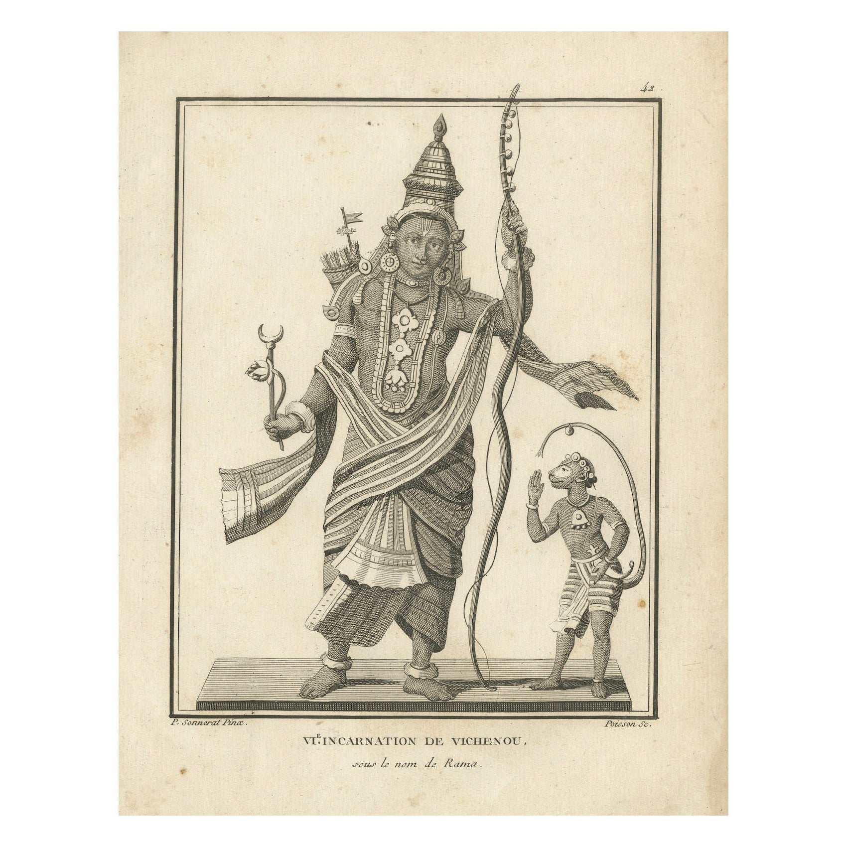 Remarquable Avatar Rama Vishnu avec impression ancienne de Hanuman, gravure hindoue, 1806