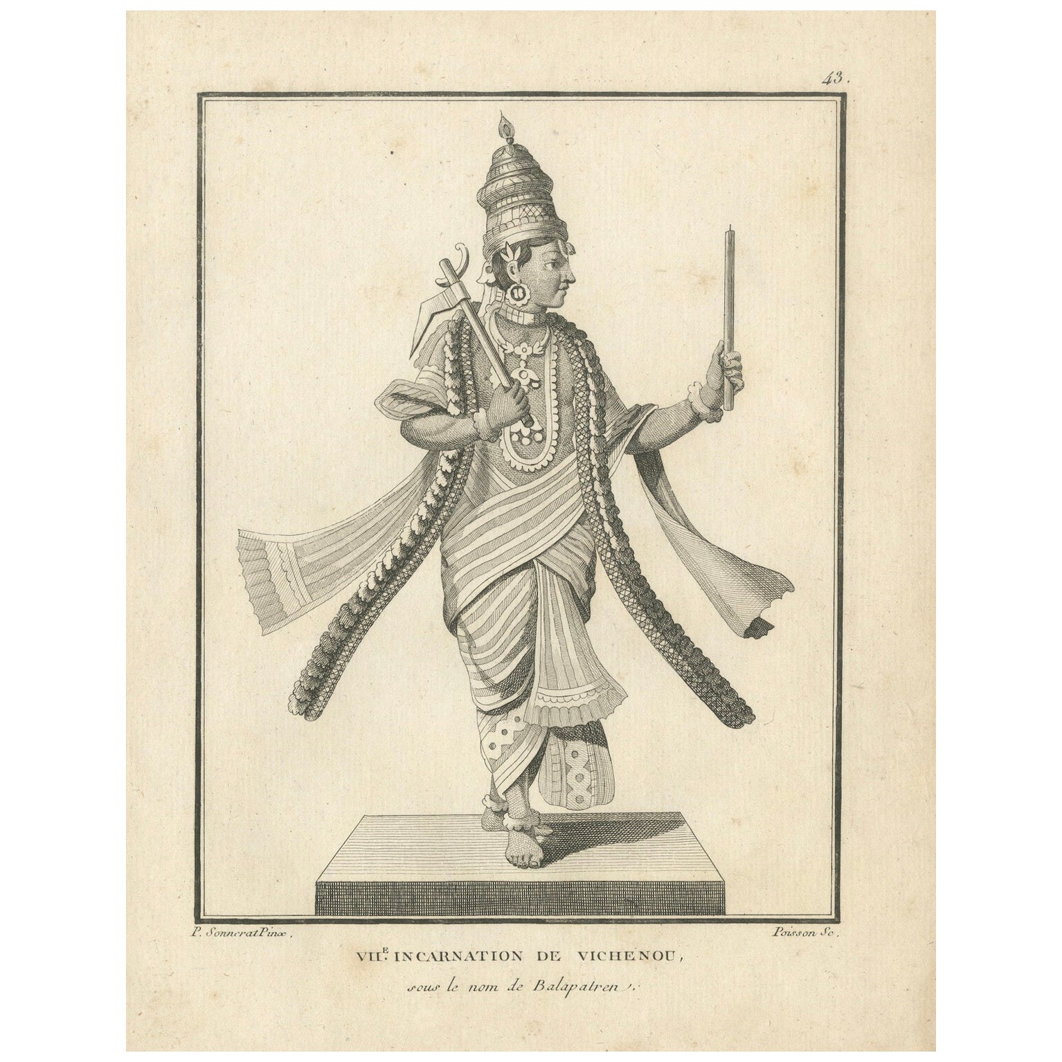 Dekorative französische Gravur des Vishnu von 1806 als Balapatren: Eine kulturelle Odyssee