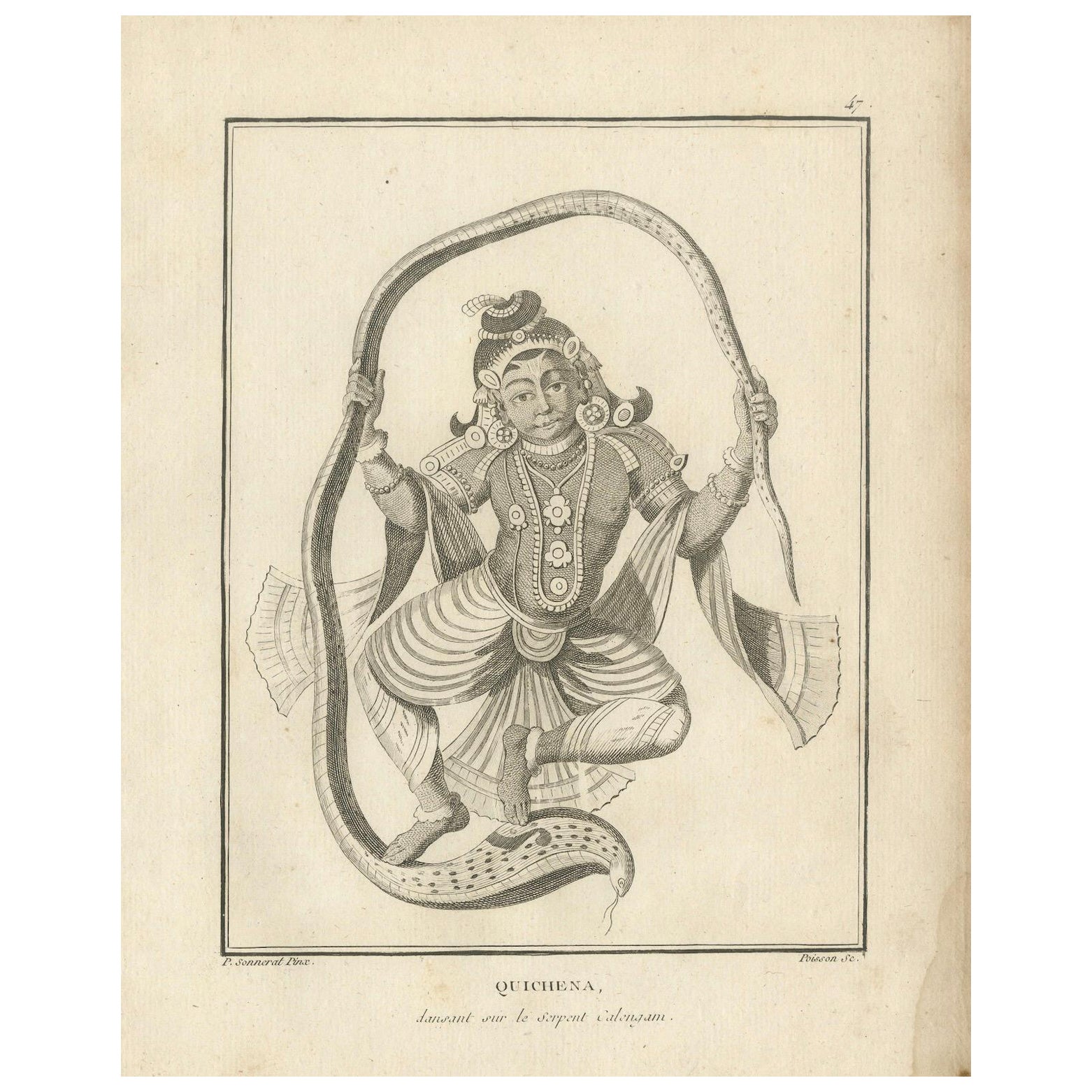 Rara incisione del 1808 raffigurante il trionfo di Krishna sul serpente Kaliya