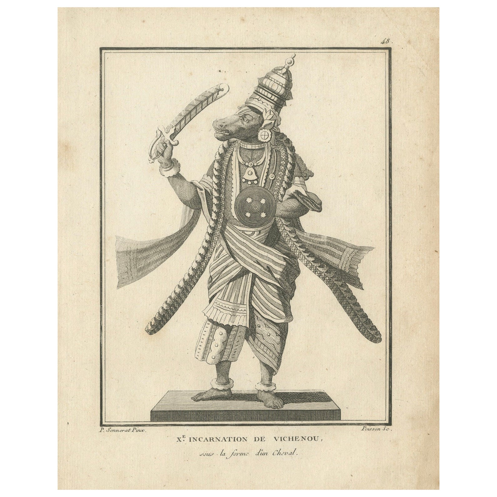 Exquisite Gravur des Vishnus von 1806 als Varaha: Eine mythische Rettung