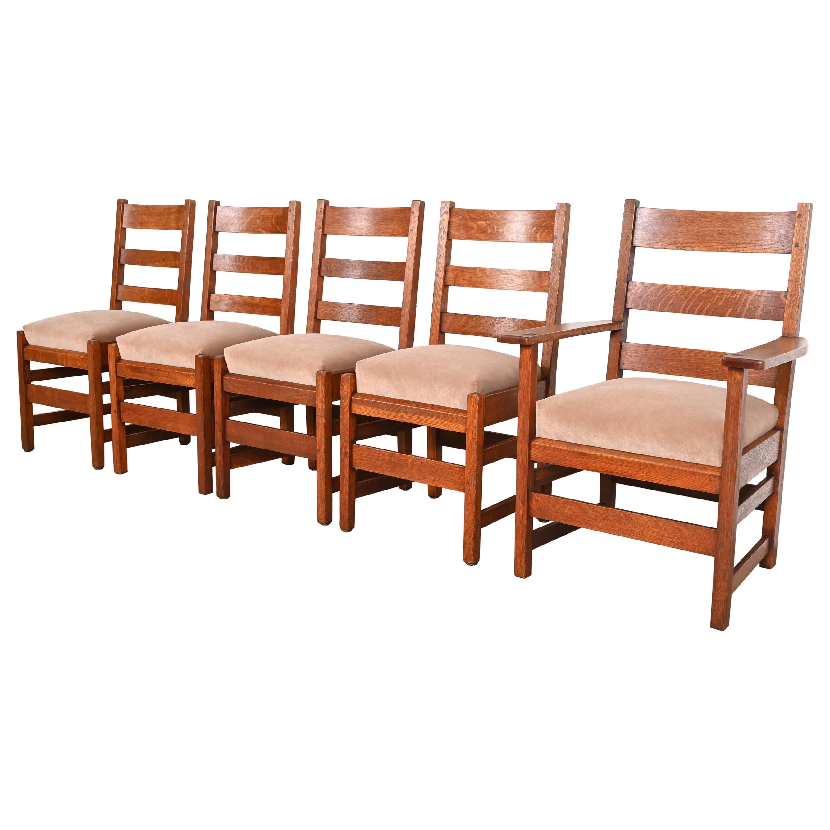L. & J. G. Stickley Antique Mission Oak Arts & Crafts Ladder Back Dining Chairs