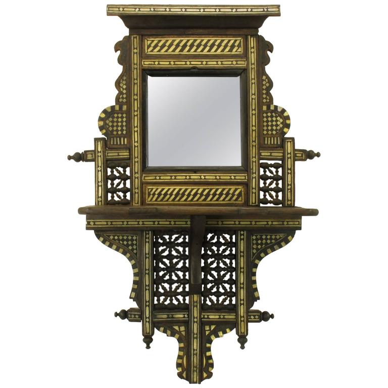 Primitive Syrian Pierced Mirror with Shelf and Bone Inlay For Sale at