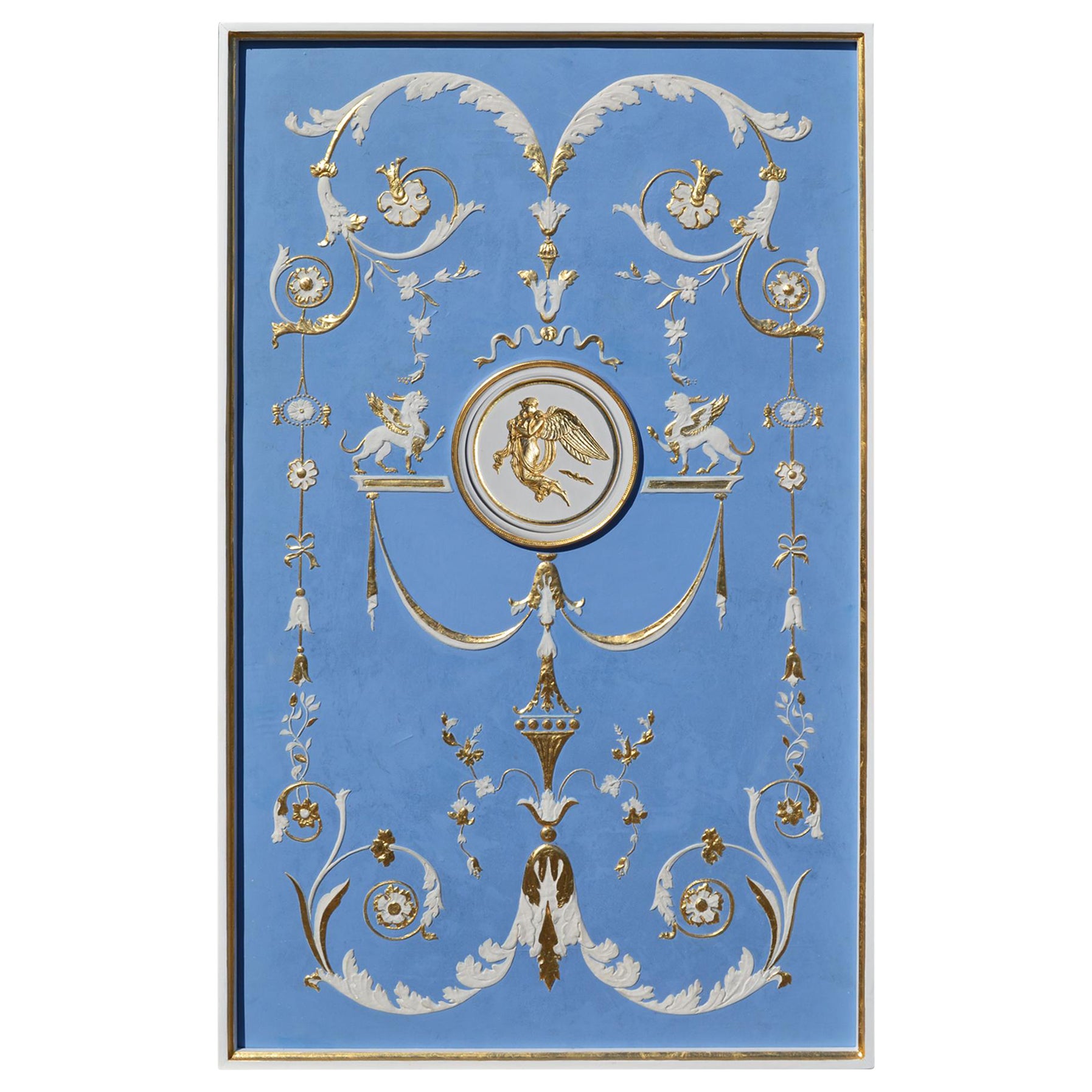 Pannello Decorativo Azzurro Bassorilievo Bianco Oro Stile Wedgwood Fatto a mano