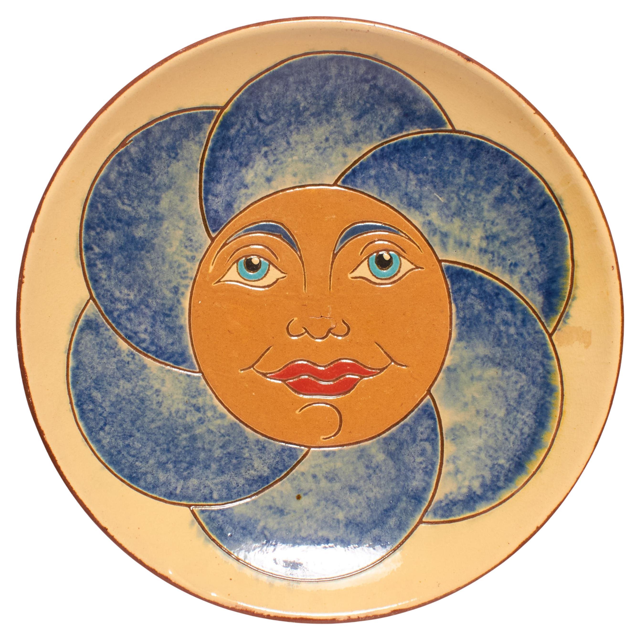 Plato de cerámica vintage de 1960 pintado a mano en azul y naranja por el artista Díaz Costa