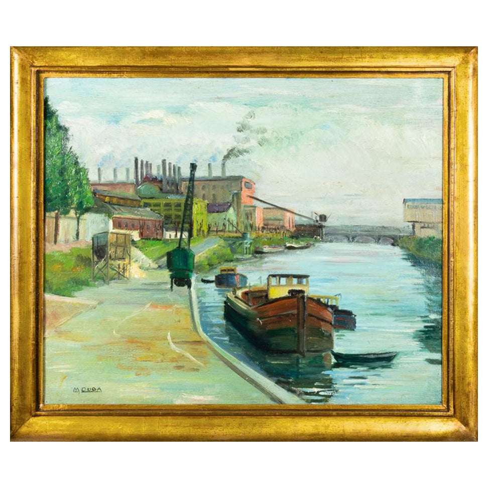 Post-Impressionist French Oil, Barge on Canal, 1900s